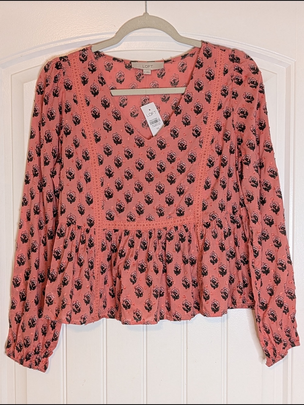 LOFT Salmon Pink Boho Floral Patterned Swiss Dot Long Sleeve Blouse